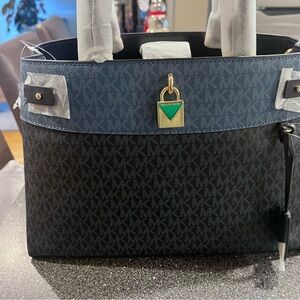 Michael Kors Black and Navy Handbag with Gold Accent